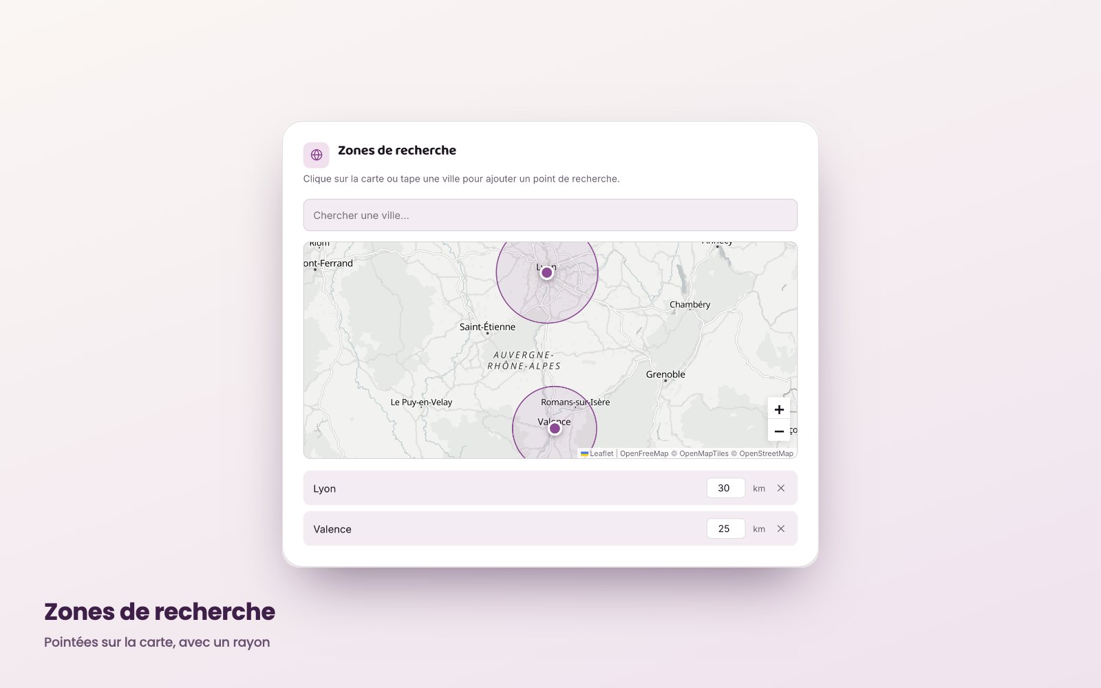 Zones de recherche sur la carte